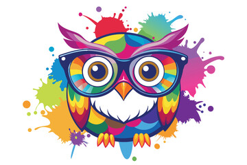 Colorful artistic owl in eyeglasses with colorful paint splatters on white background.