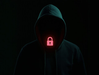 Hooded figure with glowing red padlock on face, digital style, dark studio background. Concept of cybersecurity, hacking, tech privacy. Ai generative