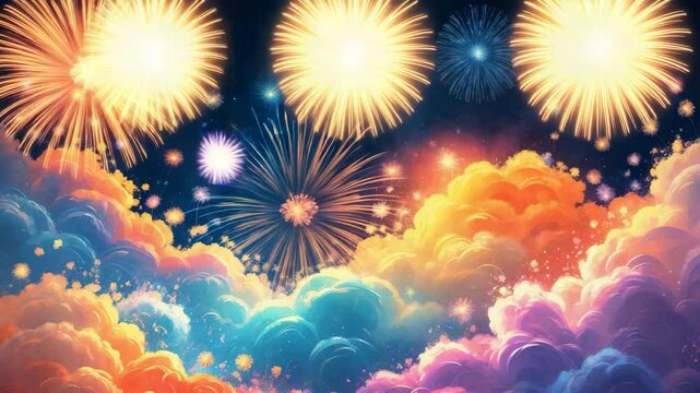 Night sky fireworks animation with colorful bursts and text area