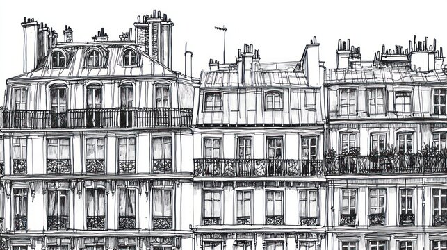 Parisian rooftops sketch, black and white