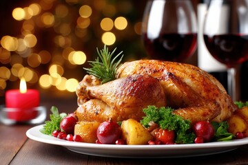Juicy Roast Turkey with Garnish Against a Festive Background