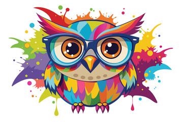 Colorful artistic owl in eyeglasses with colorful paint splatters on white background.