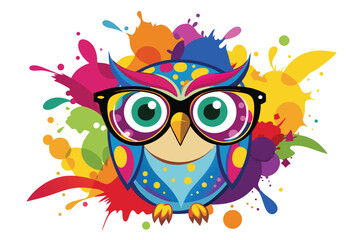 Colorful artistic owl in eyeglasses with colorful paint splatters on white background.