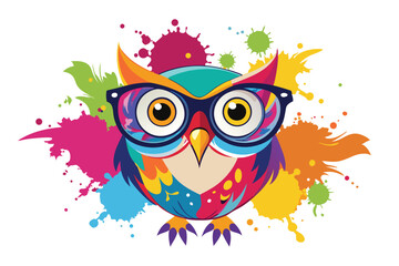 Fototapeta premium Colorful artistic owl in eyeglasses with colorful paint splatters on white background.