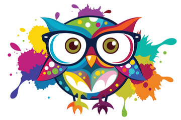 Naklejka premium Colorful artistic owl in eyeglasses with colorful paint splatters on white background.
