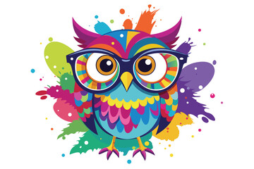 Colorful artistic owl in eyeglasses with colorful paint splatters on white background.