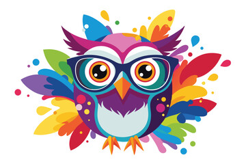 Colorful artistic owl in eyeglasses with colorful paint splatters on white background.