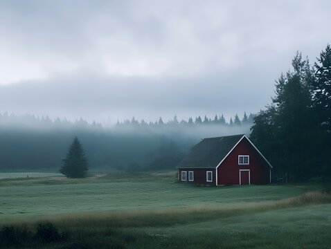 Misty Farmhouse with Red Barn and Silhouetted Trees in a Moody Rural Landscape