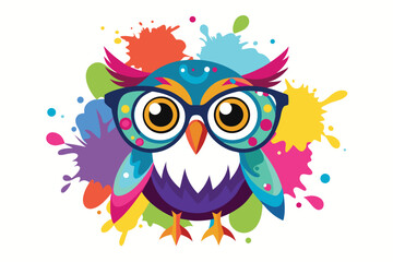 Colorful artistic owl in eyeglasses with colorful paint splatters on white background.