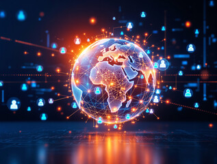 Obraz premium Glowing digital globe with orange tech network lines and blue user icons, futuristic style, dark background, concept of global communication and connectivity, Ai generative