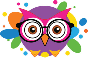 Colorful artistic owl in eyeglasses with colorful paint splatters on white background.