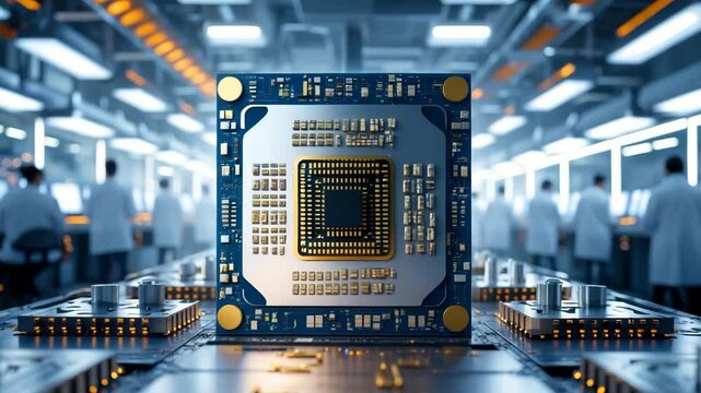 Futuristic Semiconductor Chip Manufacturing at Dark Industry Facility with Neural and AI Components