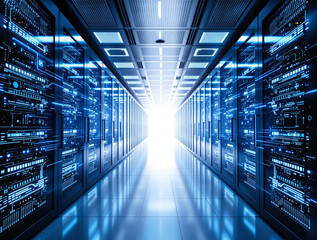 Futuristic tech data center interior with glowing server racks, digital light trails, modern style on bright corridor background. Concept of innovation. Ai generative