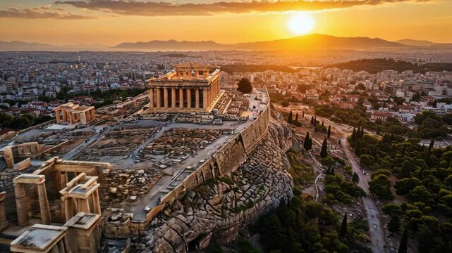 Aerial view of the Acropolis in Athens, Greece, at sunset, beautiful light.