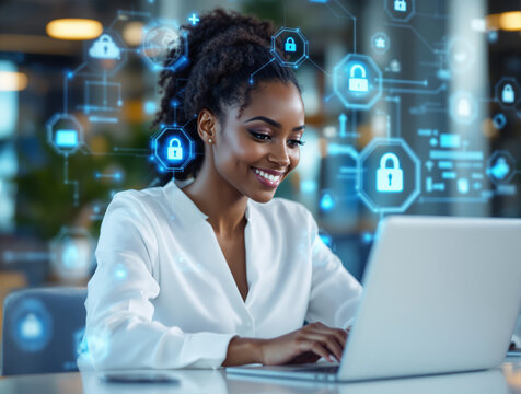 Smiling woman using laptop with glowing tech security icons overlay in modern office, futuristic digital data protection concept. Ai generative