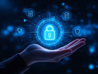 Human hand supports glowing padlock with tech-style icons symbolizing digital security and data encryption on futuristic blue background. Ai generative