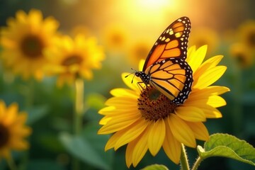 Naklejka premium Monarch butterfly feeding on sunflower, sunlight illuminating wings , flower, nature