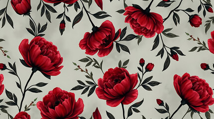 Abstract Red Peonies and Foliage Seamless Pattern in Watercolor with transparency background, Watercolor Floral Textile Design