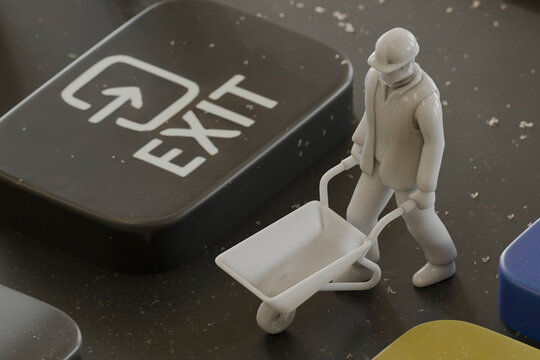 Miniature worker figurine with wheelbarrow on a remote control with an exit button