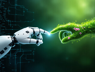 Robotic hand and plant-covered human hand touching on a glowing tech background, symbolizing the harmony of nature and technology. Ai generative