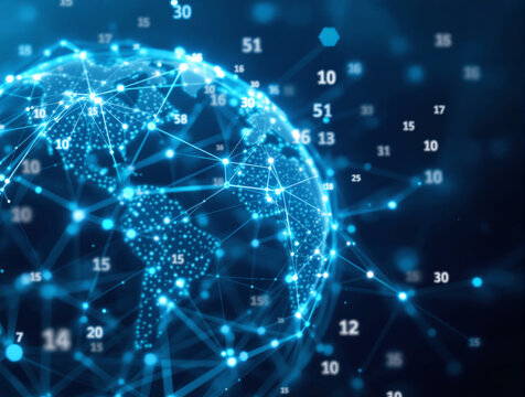 Digital globe with glowing tech connections and numeric data overlay, futuristic tech style on dark blue background, concept of global technology. Ai generative - Powered by Adobe