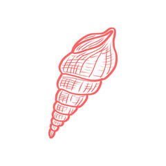 Red hand drawn spiral sea shell vector illustration. Detailed sketch of marine conch shell. Decorative ocean element in vintage engraving style. Spiral sea shell red vector illustration