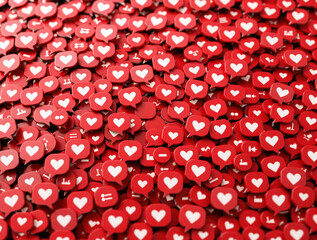 Numerous red social media heart icons scattered densely, minimalistic graphic style, on a seamless surface, concept of tech engagement and popularity. Ai generative