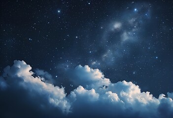 a dramatic night sky filled with countless stars and a swirling milky way illuminates billowing, softly lit clouds below.