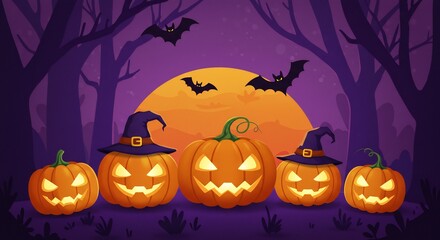 Smiling Pumpkins with Witch Hats in Spooky Forest at Night