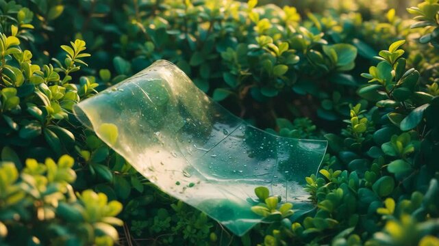 Clear plastic debris on lush green bushes.