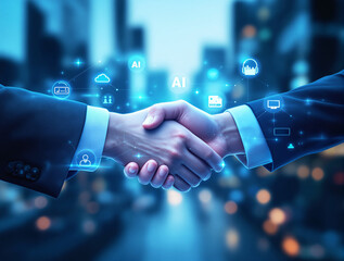 Two business people shaking hands, digital tech and AI icons overlay, futuristic city background, concept of technology partnership. Ai generative