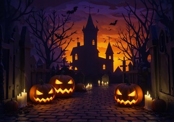 Spooky Halloween Graveyard Scene with Pumpkins and Castle Silhouette