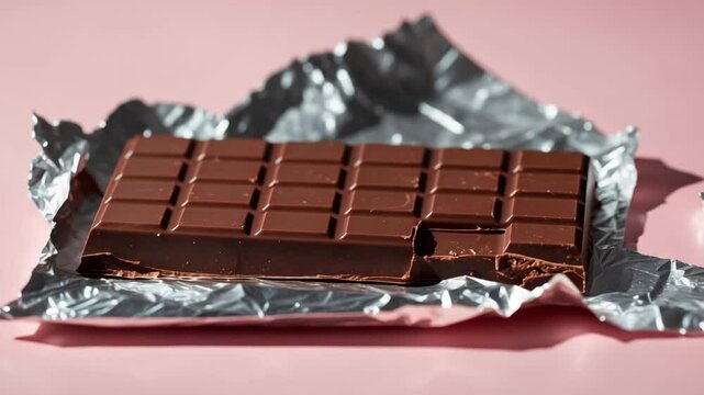 Tasty chocolate bar encased in foil on backdrop