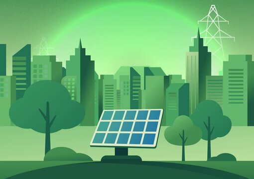 Green Cityscape Featuring Solar Panels and Trees, Illustrating Sustainable Technology and Digital Network Communication Modern Environment digital technology background