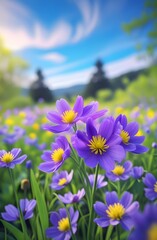 Obraz premium Vibrant pink and purple cosmos bloom in a wild mountain meadow, a beautiful floral field of daisies swaying in the summer breeze