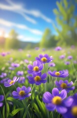 Fototapeta premium A field of purple tulips blossoms with floral beauty in the spring meadow