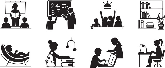 Black Silhouettes of Diverse Learning and Studying Activities