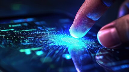 A person confirming an online payment with a fingerprint scan on a smartphone.