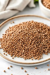 Closeup of Coriander Seeds on Plate, Brown Spice Seeds, Healthy Food Ingredient, Aromatic Coriander, Culinary Herb,  Organic Coriander Seeds
