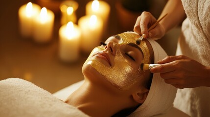 A therapist applying a 24K gold mask to a client in a high-end setting.