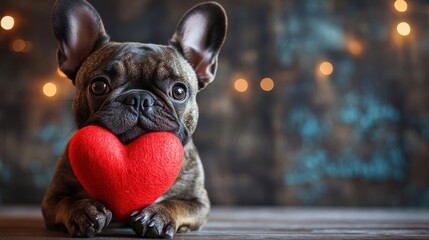 Brindle French bulldog puppy holds a red heart plush toy. Use for Valentine's Day cards, pet adoption adverts, or promotions.