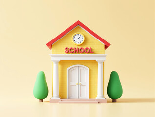 Cartoon-style yellow school building with red roof, clock and columns, surrounded by green trees on pastel background. Concept of education. Ai generative