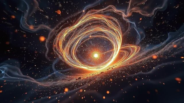 Golden stardust drifts through a backdrop of deep indigo, illuminated by the radiant glow of a supernova remnant, its shockwaves rippling across the fabric of spacetime.