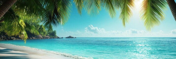 Sun-drenched palm trees arching over pristine turquoise waters at a serene beach