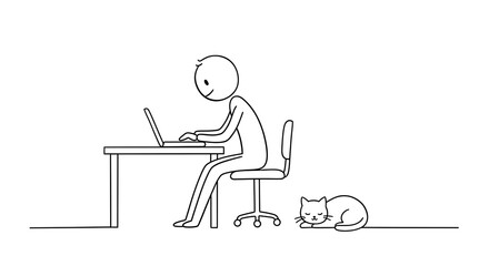 Stick Figure Working on Laptop with Sleeping Cat Beside Him