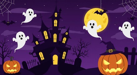 Fototapeta premium Spooky Halloween Night Scene with Haunted Castle and Ghosts