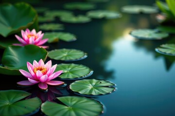 Intricate water lilies & lotus blossoms form a lake pattern , vibrant, nature, design element