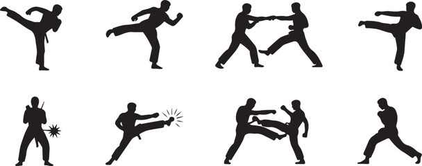 Martial Arts Silhouettes Eight Dynamic Poses of Combat and Self-Defense