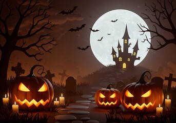 Spooky Halloween Night Scene with Jack-o'-lanterns and Castle