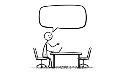 Fototapeta premium Stick Figure at Desk with Laptop and Speech Bubble Illustration